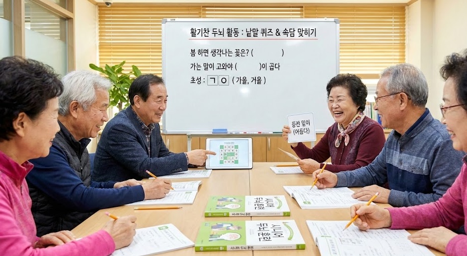 가족이 함께 모여 즐겁게 낱말 퀴즈와 대화를 나누며 언어 인지 기능을 자극하는 고령 부모님의 모습