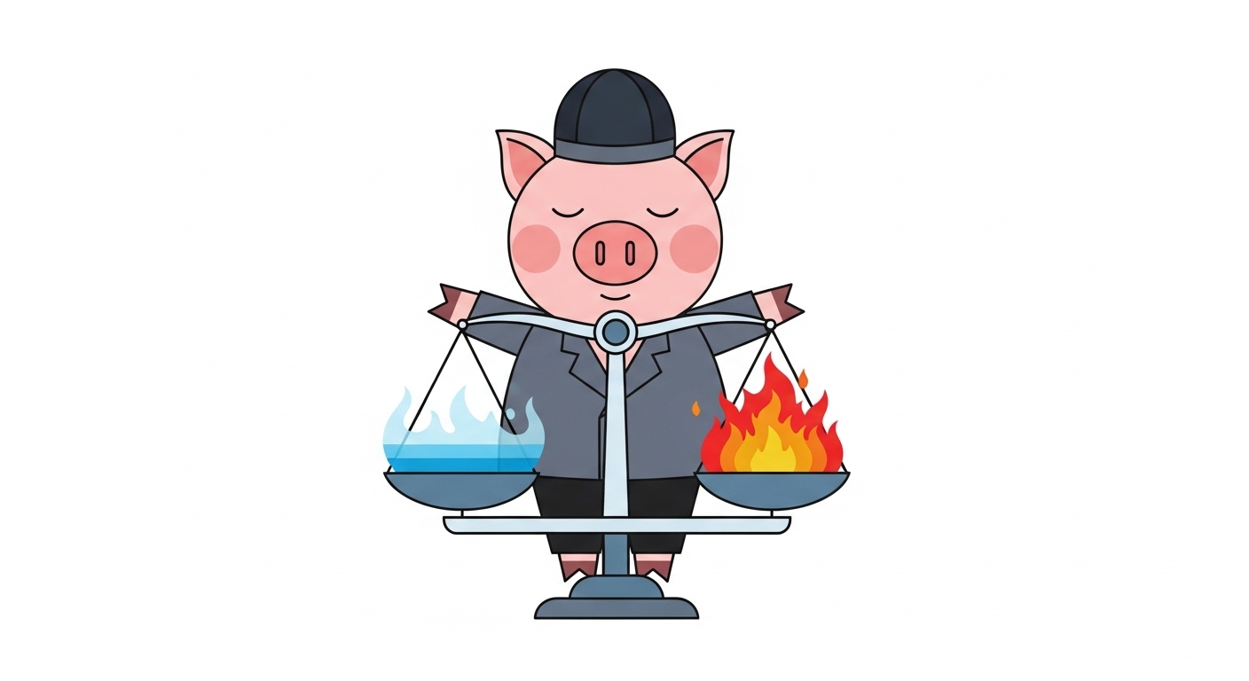 저울 위에서 물과 불의 균형을 맞추며 조화로운 하루를 보내는 돼지 캐릭터 일러스트