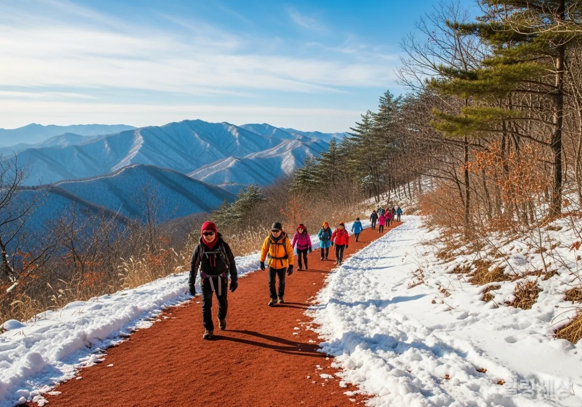 눈 내린 겨울 대전 계족산 황토길의 운치 있는 풍경과 맨발로 걷는 한국 등산객들