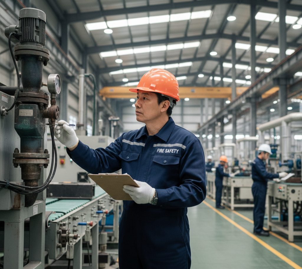 주황색 안전모와 네이비색 작업복을 착용한 중년 남성 산업안전기사가 공장 현장에서 점검표를 들고 기계 설비의 압력 게이지를 꼼꼼하게 점검하고 있는 모습