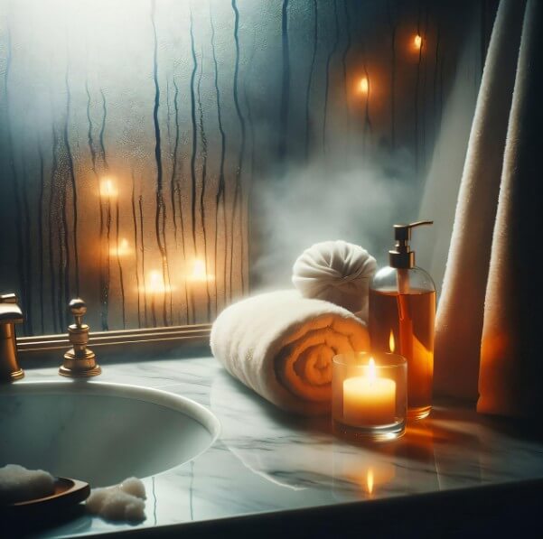 수증기가 가득한 욕실에 놓여 있는 수건과 향초