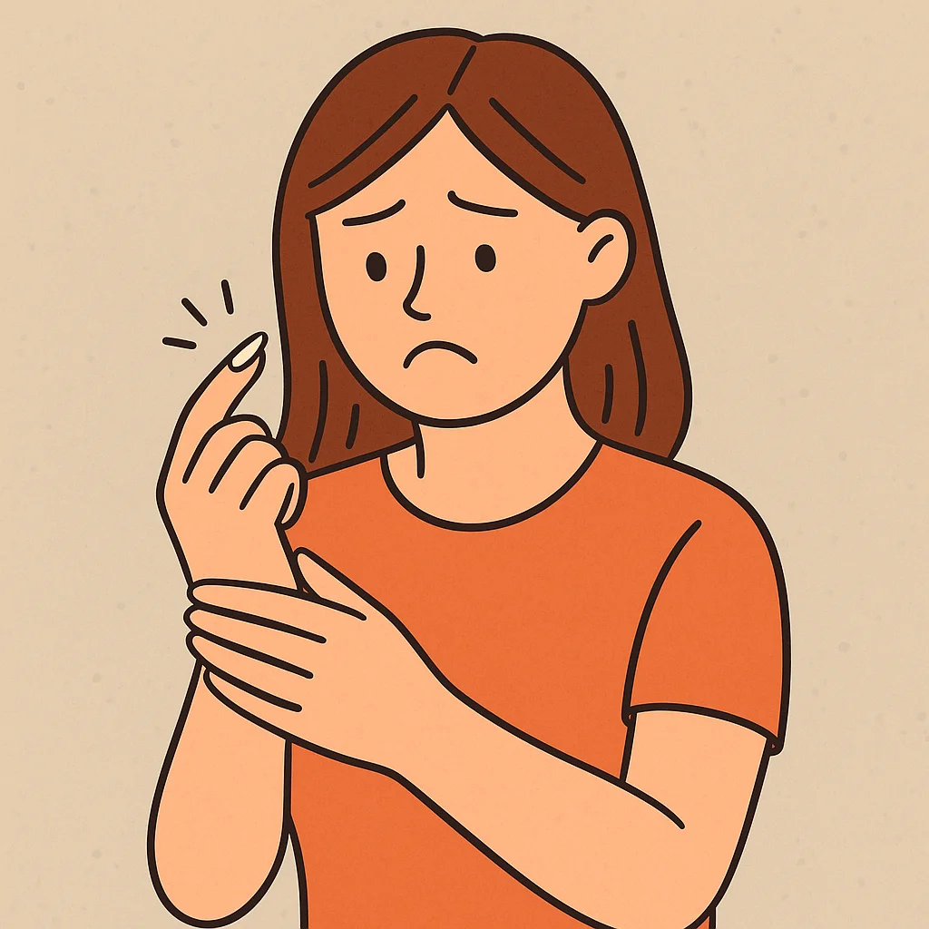 부러진 손톱을 걱정스러운 표정으로 바라보는 여성의 일러스트. 손가락을 들어 손톱 상태를 확인하고 있음.