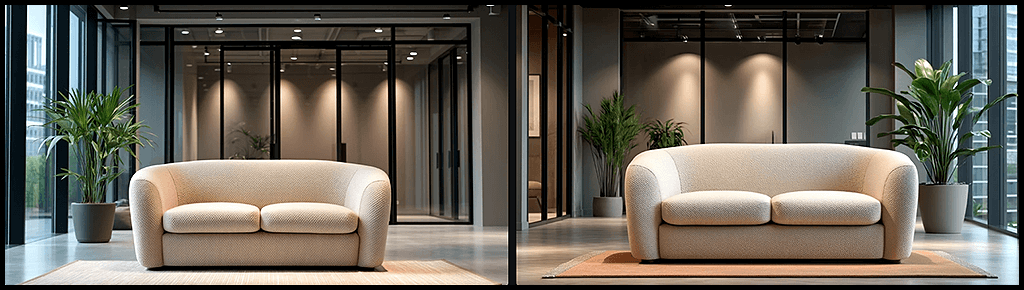 공간 연출, OREF로 고정된 쇼파가 있는 현대적인 오피스 라운지, 유리벽과 미니멀한 인테리어의 세련된 분위기 이미지_Midjourney
