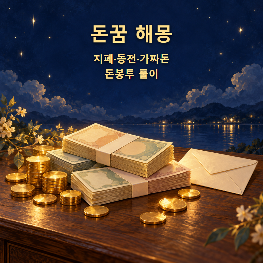 돈꿈 해몽 지폐·동전·가짜돈·돈봉투 뜻을 담은 남색금빛 AI 썸네일