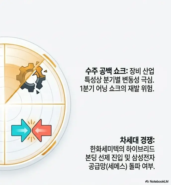 한미반도체 주가 전망: 한미반도체의 분기별 수주 공백에 따른 실적 변동성과 한화세미텍의 하이브리드 본딩 선제 진입&amp;#44; 삼성전자 공급망 돌파 여부 같은 차세대 경쟁 리스크를 정리한 이미지. 장비 산업 특성상 어닝 쇼크 재발 위험을 시각적으로 전달하며&amp;#44; 한미반도체 주가 전망의 리스크를 설명함