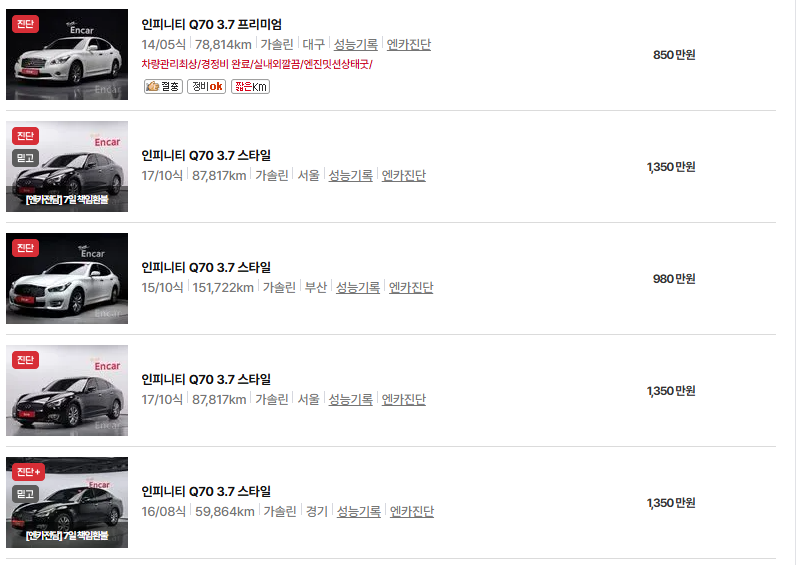 인피니티 QX70 중고차 가격 시세표 연비