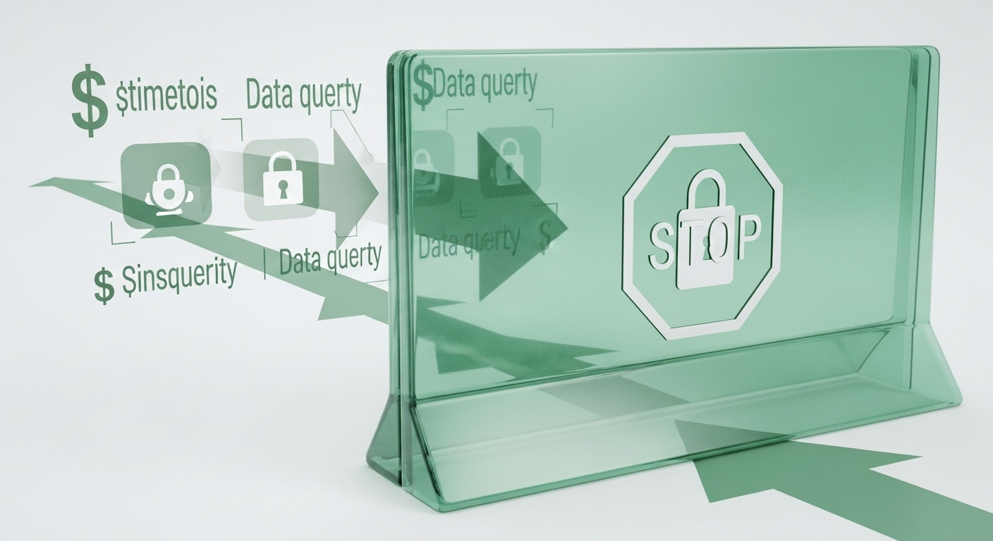 디지털 화면에서 금융 거래 및 데이터 조회 화살표가 녹색 차단막에 의해 막혀있는 모습으로, 오픈뱅킹 안심차단 서비스의 강력한 보안 기능을 시각적으로 표현합니다.