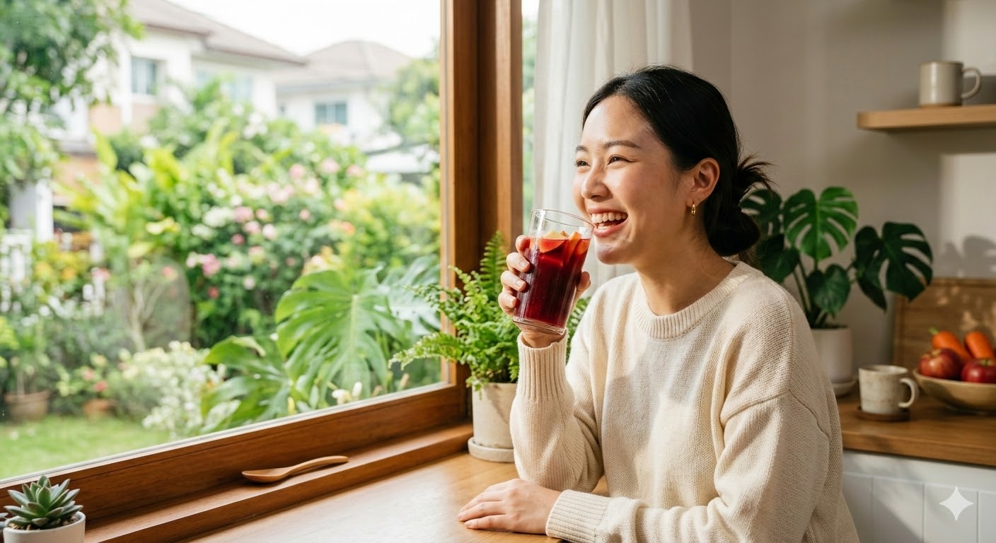해독 주스를 마시고 건강한 생활 습관을 실천하는 모습