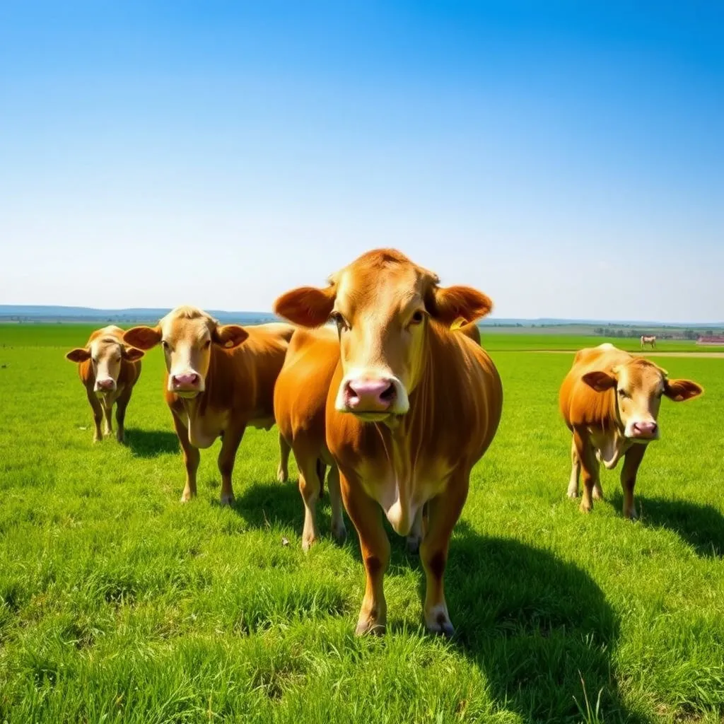 푸른 초원에서 한가로이 풀을 뜯고 있는 늠름한 한우들의 모습입니다. 깨끗한 하늘과 드넓은 들판을 배경으로, 한우가 건강하게 자라는 자연 친화적인 이미지를 강조합니다.