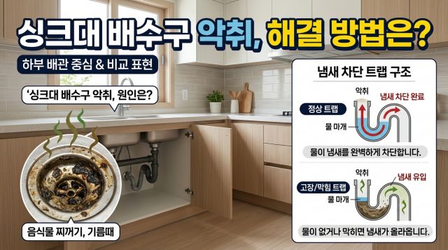 싱크대 악취 원인과 배수구 및 배수 트랩에서 냄새가 발생하는 모습