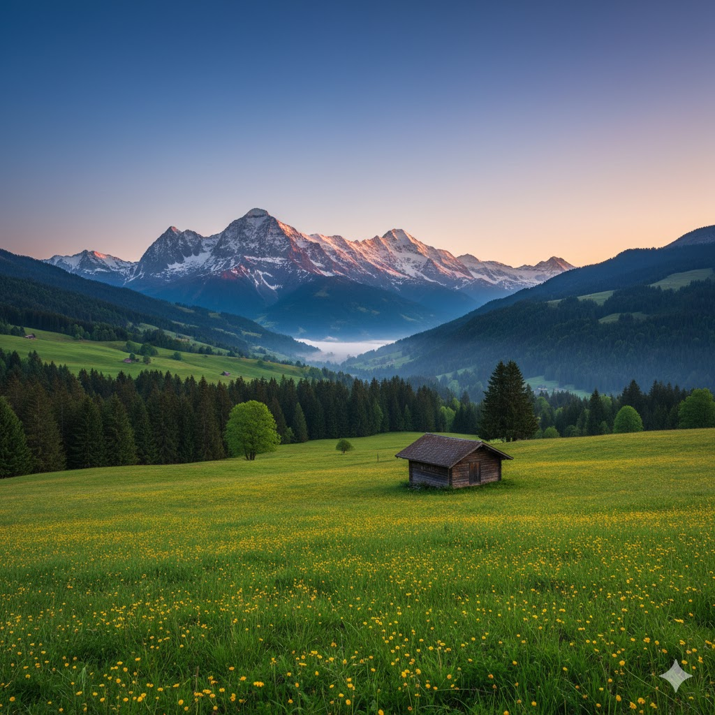 A wide and peaceful landscape of the Swiss Alps, representing eternal financial stability.