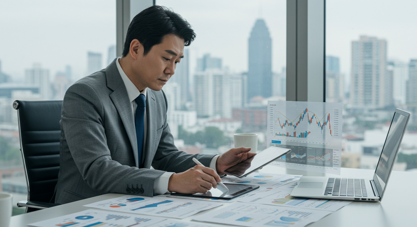 한국 투자자가 주식 포트폴리오 리밸런싱 전략을 분석하는 모습