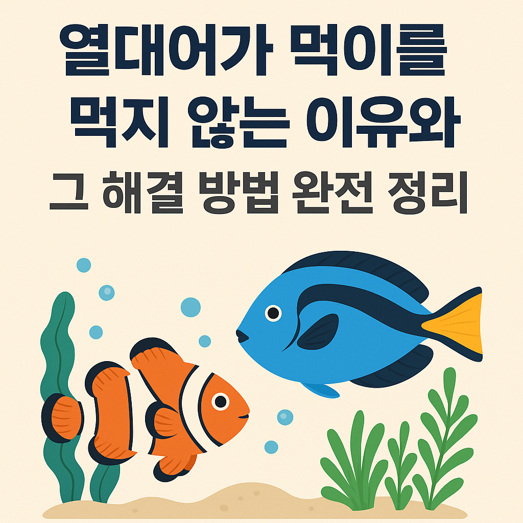 물고기들이 있는 수조 장면을 배경으로, 상단에 “열대어가 먹이를 먹지 않는 이유와 그 해결 방법 완전 정리”라는 문구가 굵은 한글 글씨로 적혀 있으며, 아래에는 주황색 흰줄 무늬의 클라운피시와 파란색 노란꼬리 블루탱 열대어가 물방울 사이를 헤엄치고 있는 이미지. 주변에는 초록색 수초와 밝은 모래 바닥이 함께 표현되어 있음.