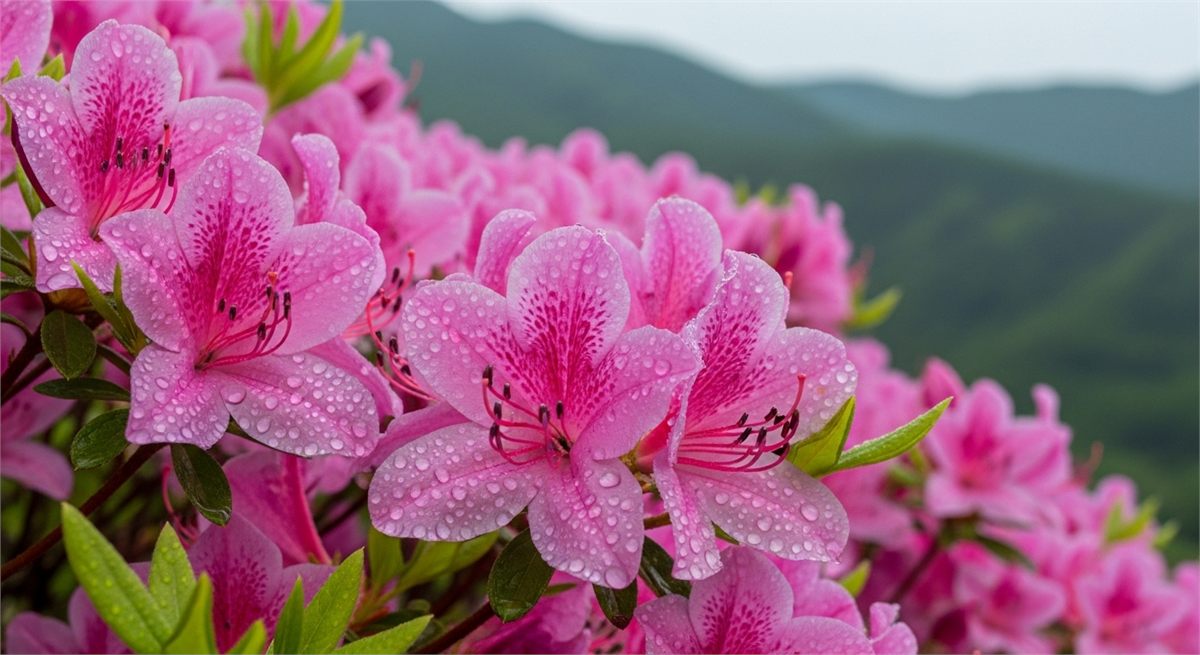 이슬 맺힌 철쭉 꽃송이를 가까이 담은 디테일 장면