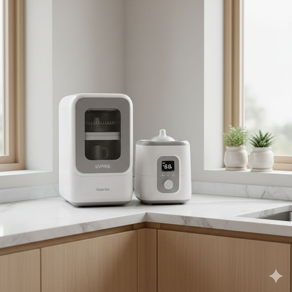 모던한 주방 한구석에 나란히 놓인 유부레이와 해님 젖병 소독기