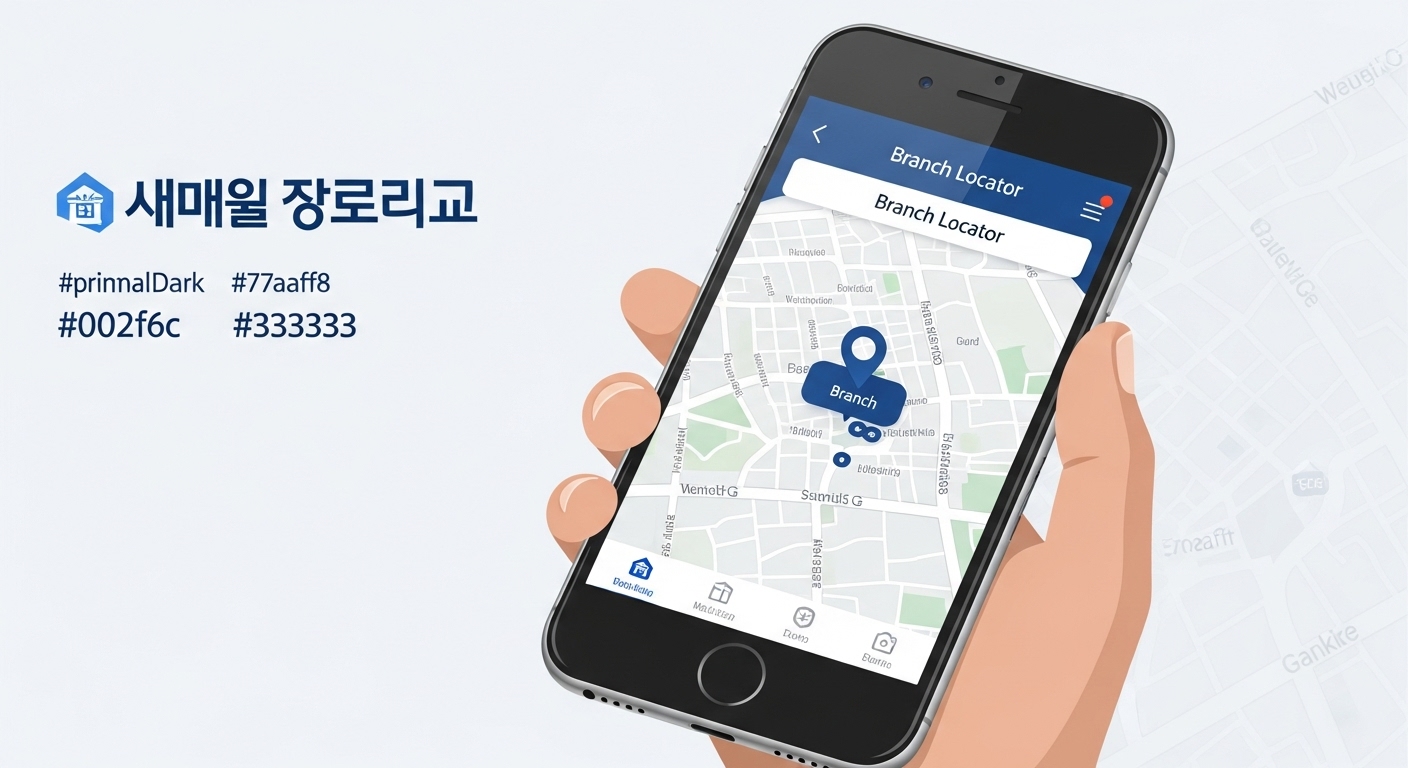 새마을금고 모바일 앱에서 지점 찾기 기능을 사용하는 모습.