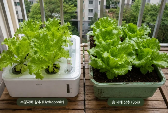 베란다에서 키운 수경재배 상추와 흙재배 상추 모습