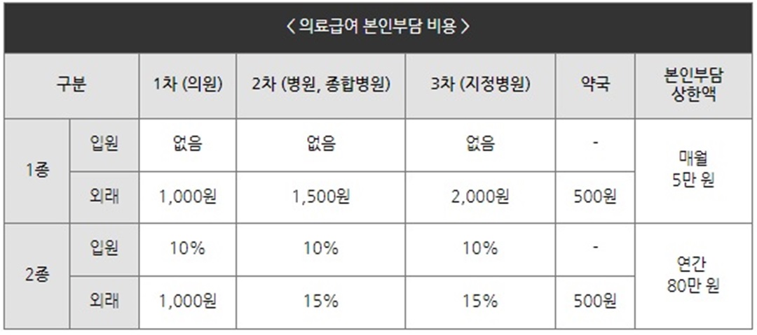 의료급여 본인부담 비용(1종&#44; 2종 구분표)