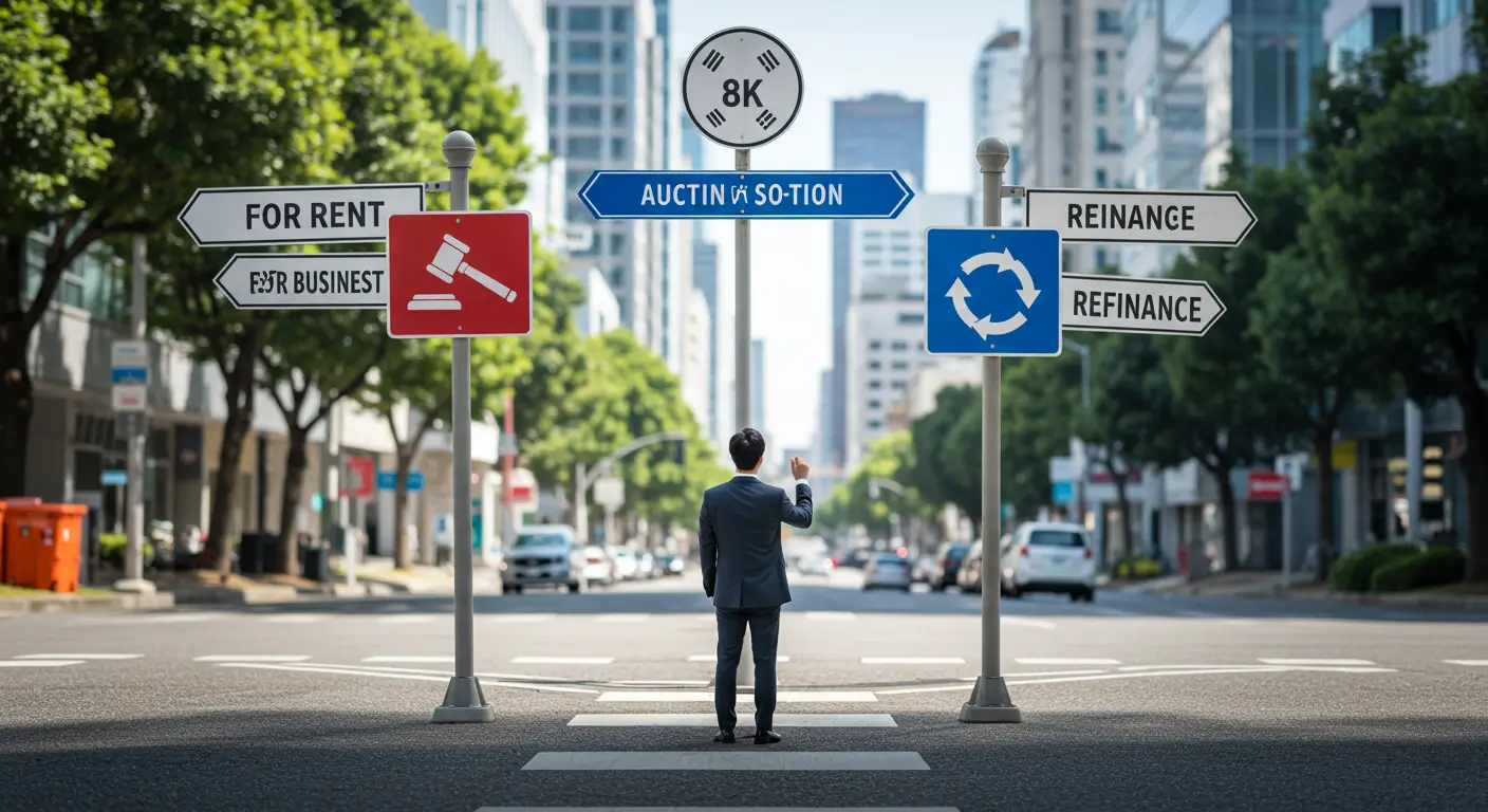 임대, 경매, 대환이라는 세 갈래 길 앞에서 사업자 대출 주택 구입 방법을 고민하는 모습