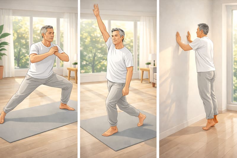 집에서 장비 없이 다양한 하체 근육 강화 동작을 하는 중년 남성의 모습