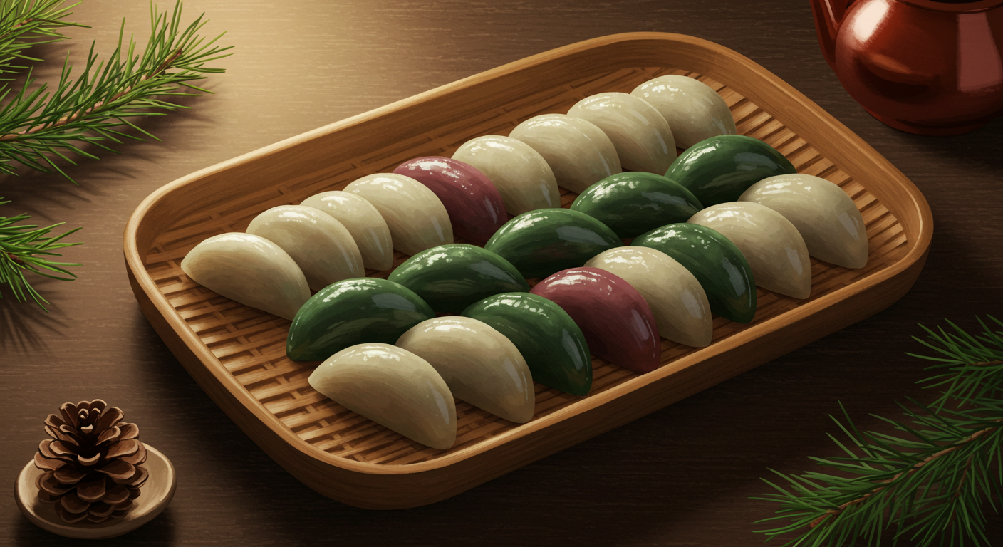 반달 모양 송편이 대나무 소쿠리에 담겨 있는 전통적인 모습