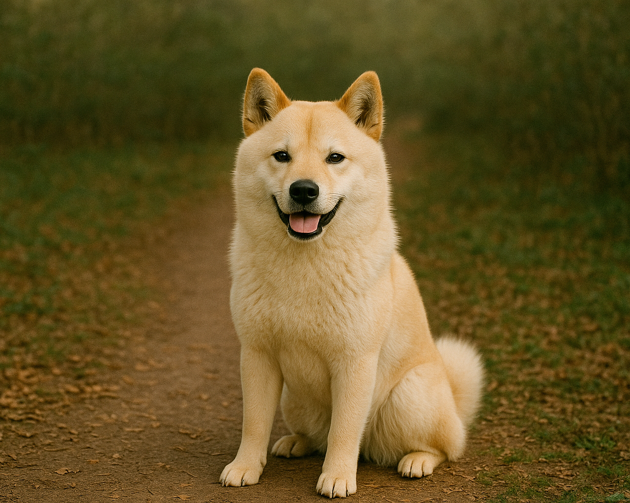 산 속 흙길 위에 풍산개 한 마리가 앉아서 웃는 표정을 짓고 있음.