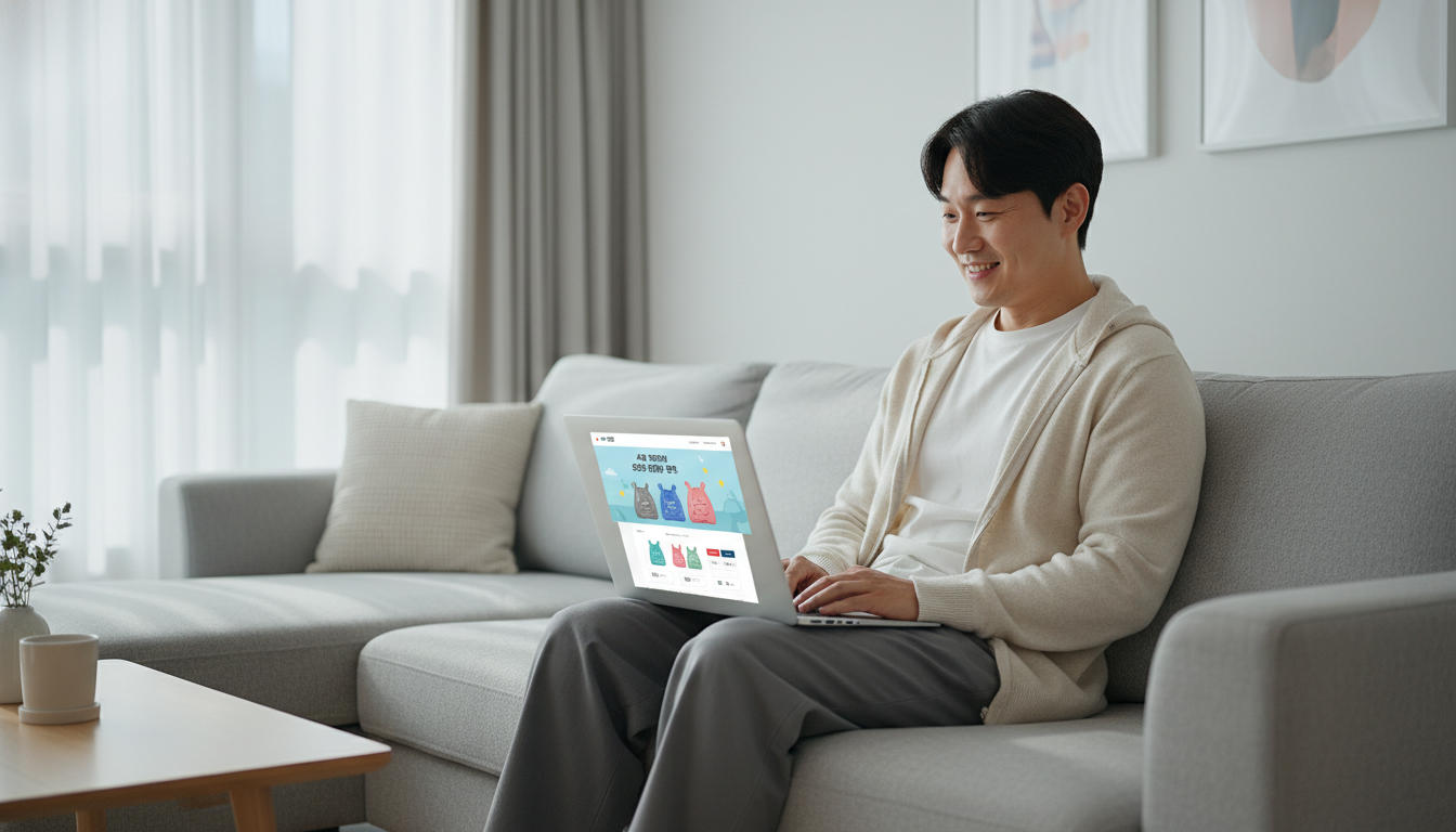 새로운 지역의 종량제 봉투를 온라인으로 구매하는 한국 남성.