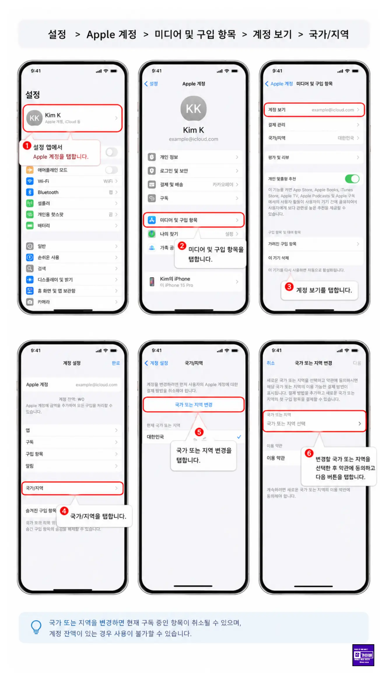 아이폰 Apple 계정에서 앱스토어 국가 또는 지역을 변경하는 설정 화면