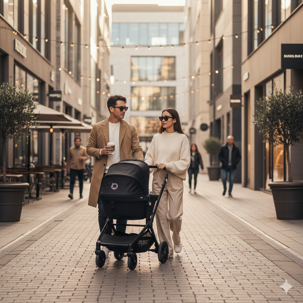 세련된 도심 거리를 부가부 유모차와 함께 여유롭게 산책하는 부모의 모습