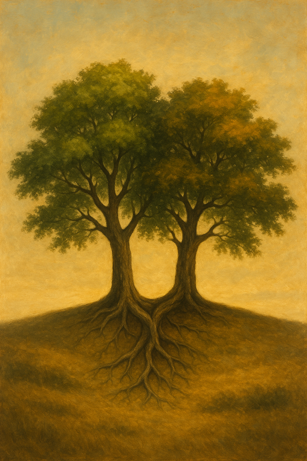 노을빛이 감도는 언덕 위에 두 그루의 나무가 나란히 서 있다. 겉모습은 다르지만, 땅 아래에서는 뿌리가 서로 얽혀 하나로 연결되어 있다. 이는 외적인 차이에도 불구하고 내면적으로 깊이 연결된 관계를 상징한다.