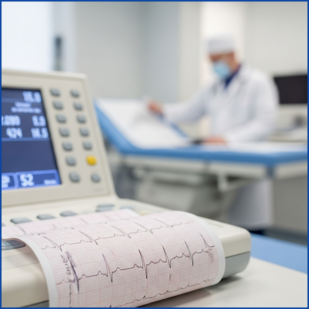 좌각 차단 진단에 사용되는 심전도(ECG) 검사 기계와 QRS 파형 그래프.
