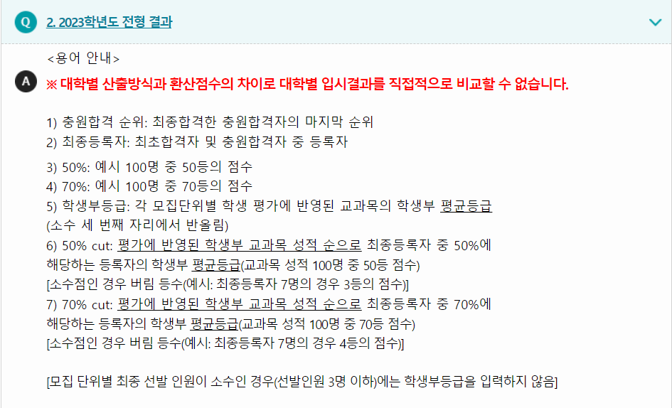 2023학년도 광운대학교 학생부종합전형 전형 결과<용어 안내>