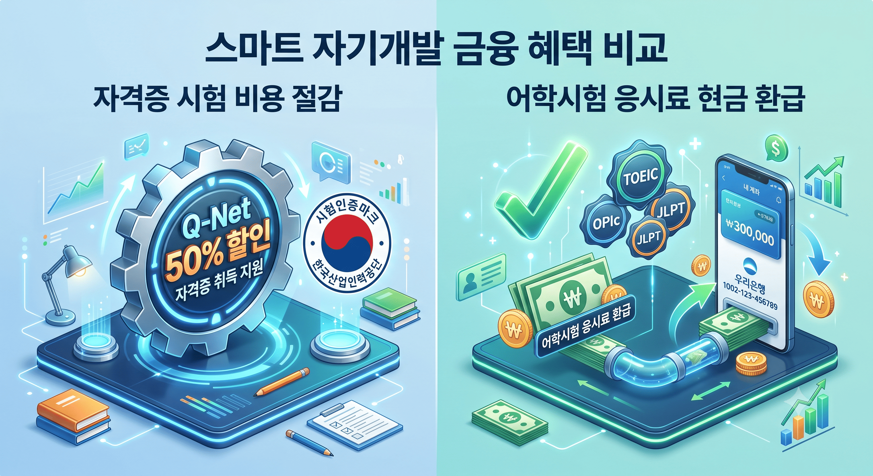 국가기술자격증 큐넷 50% 감면과 어학시험 응시료 전액 환급 지원사업의 차이점 비교