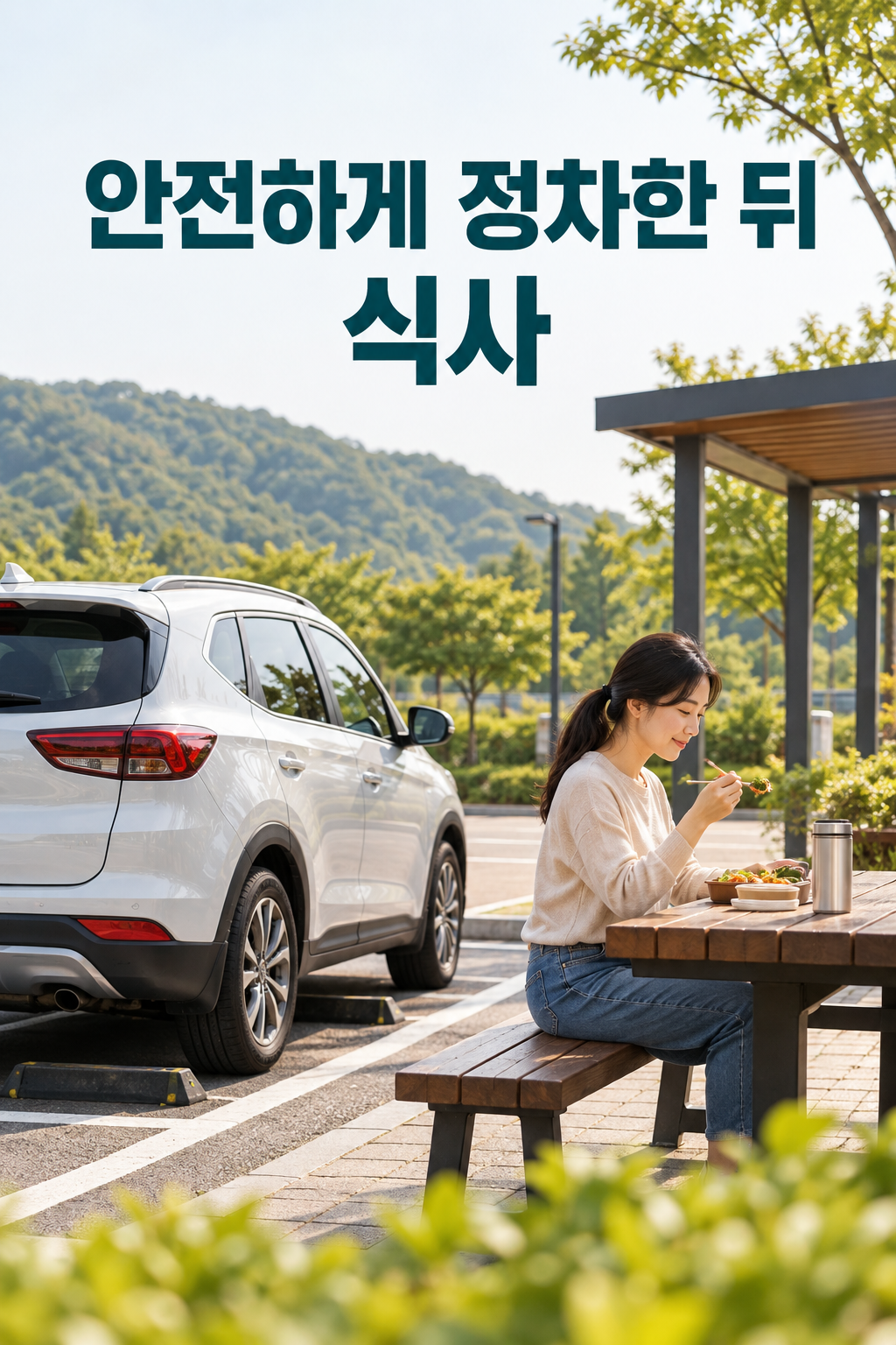 휴게 공간에 주차한 차 옆 벤치에서 도시락을 먹는 모습