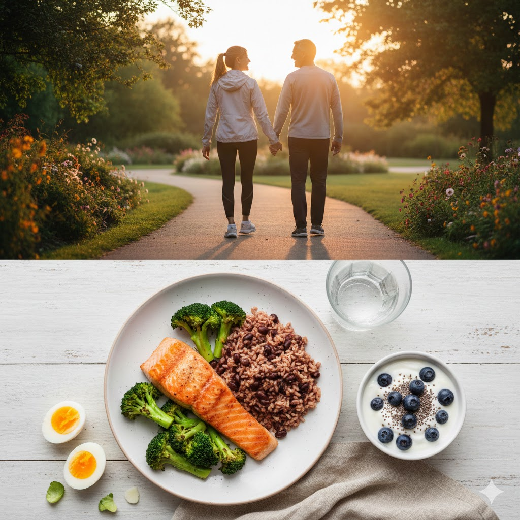 활기차게 산책하거나 운동하는 중년 부부의 뒷모습 또는 단백질이 풍부하게 차려진 건강한 식단 사진