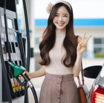 주유소에서 주유하고 있는 미녀