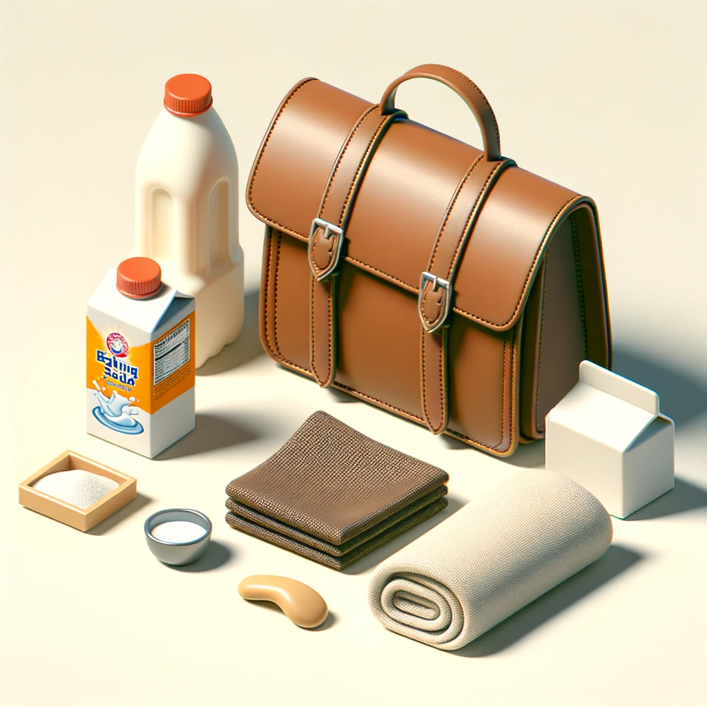 A simple and clean scene with leather bag care items: a soft cloth, baking soda, and milk arranged around a leather bag.