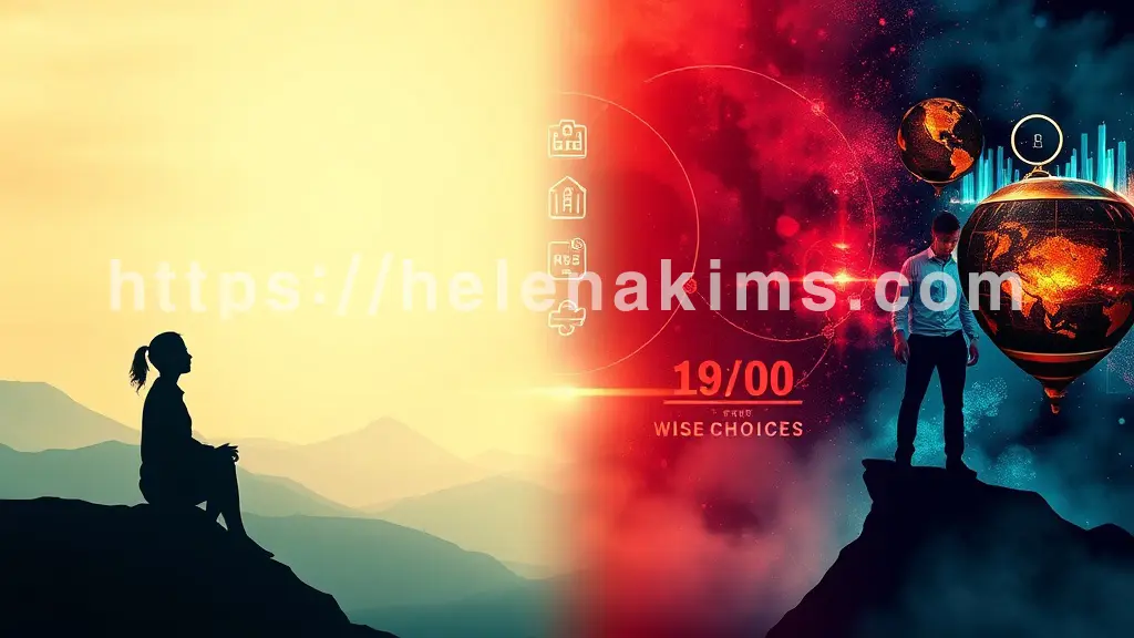 왼쪽 공간은 편안하고 온화한 분위기로, 부드러운 빛을 받는 사람의 평온한 실루엣이 있다. 오른쪽 공간은 강렬한 색상과 긴박한 분위기로, 그림자진 사람 실루엣이 불안정하게 서 있다.