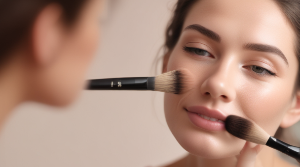 브러쉬로 파우더를 바르는 여성