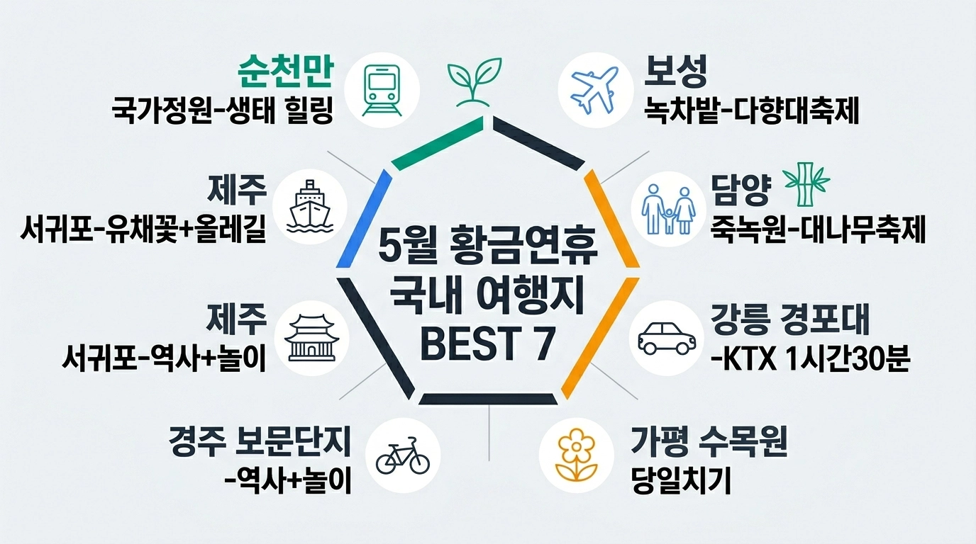 2026 5월 황금연휴 국내 여행지 추천 BEST 7 인포그래픽 총정리