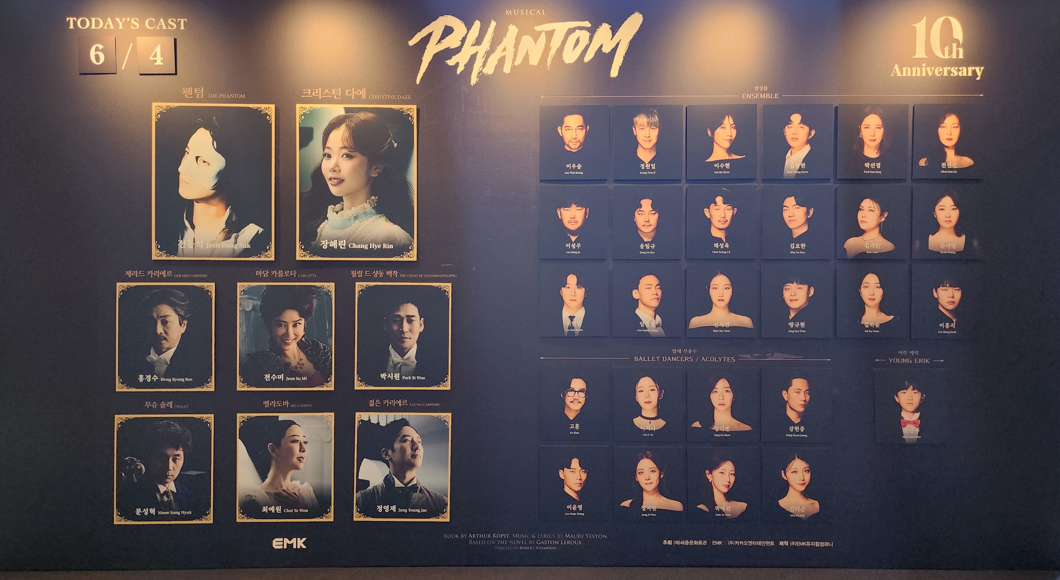 2025년 6월 4일 뮤지컬 팬텀 낮공 캐스팅 보드
팬텀 역 - 전동석
크리스틴 다에 역 - 장혜린
제라드 카리에르 역 - 홍경수
마담 카를로타 역 - 전수미
필립 드 샹동 역 - 박시원
무슈 숄레 역 - 문성혁
벨라도바 역 - 최예원
젊은 카리에르 역 - 정영재
어린 에릭 역 - 문선우
앙상블 - 이우승, 정원일, 이수현, 김창현, 박선정, 전선진, 이성주, 송임규, 채성욱, 김요한, 김리안, 유가영, 이한범, 임창영, 신새연, 장규원, 길하윤, 이홍석
발레 무용수 - 고훈, 이지나, 양다빈, 강현중, 이윤영, 정지원, 박예원, 김다은