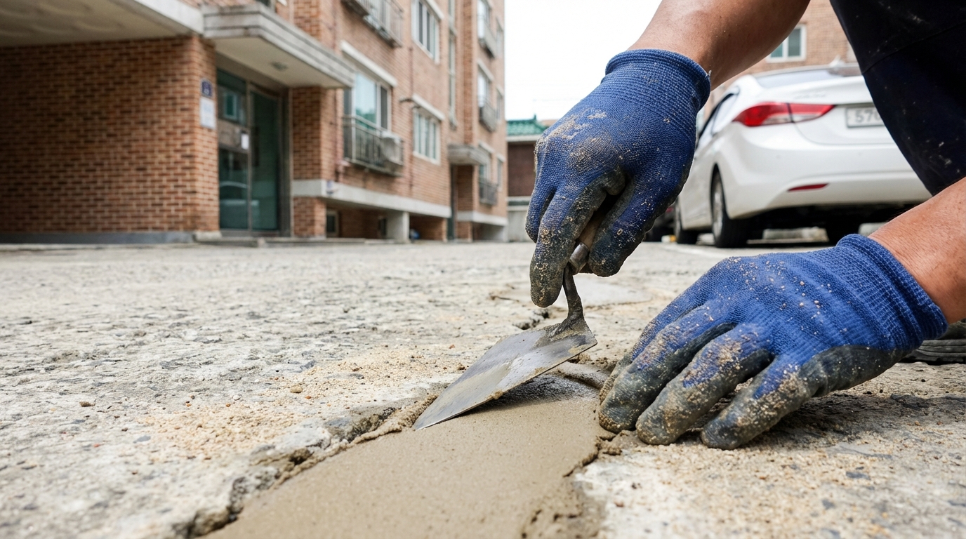 빌라 주차장에서 전문가용 흙손을 사용해 콘크리트 바닥 균열을 사모래로 정밀하게 메우는 모습