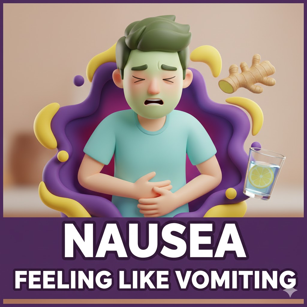 속이 울렁거리고 토할 것 같은 사람이 배를 잡고 있는 3D 카툰 일러스트. 불편함을 나타내는 보라색과 노란색 추상적인 소용돌이 배경에 생강과 물잔이 함께 그려져 있으며, '속 울렁거림', '토할것같아' 문구가 강조된 썸네일 이미지.