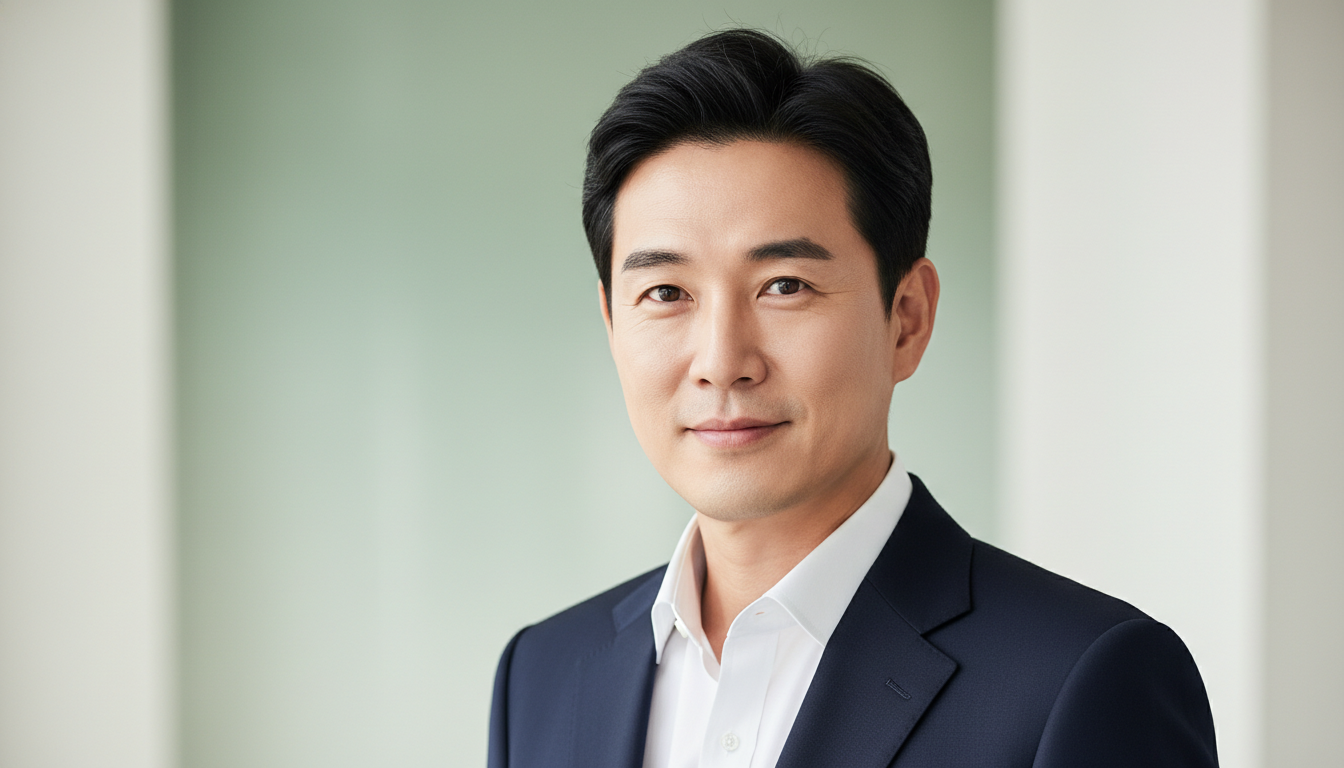 40대 남성이 실리프팅 후 자연스럽게 개선된 턱선과 탄력 있는 피부로 자신감 있게 웃는 모습