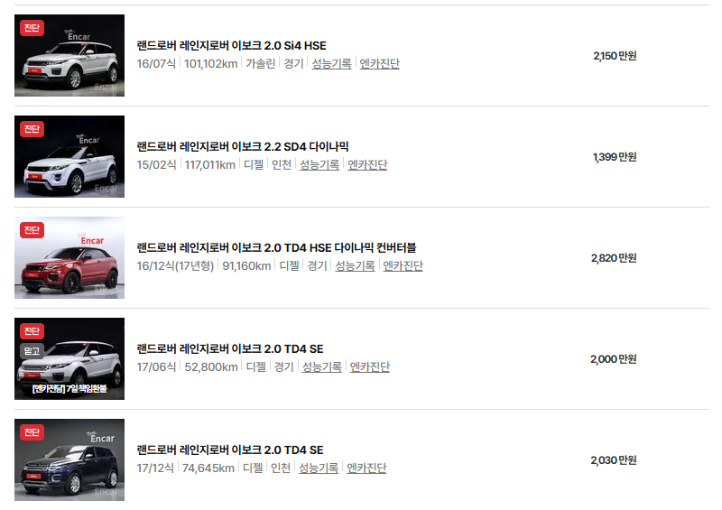 레인지로버 이보크 중고차 가격 시세표 연비