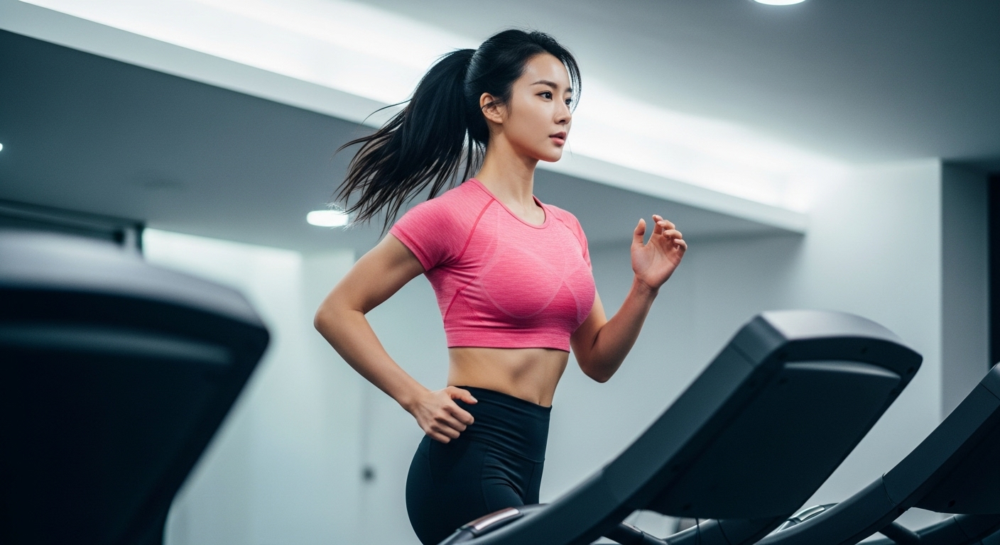 헬스장에서 런닝머신을 뛰고 있는 여자