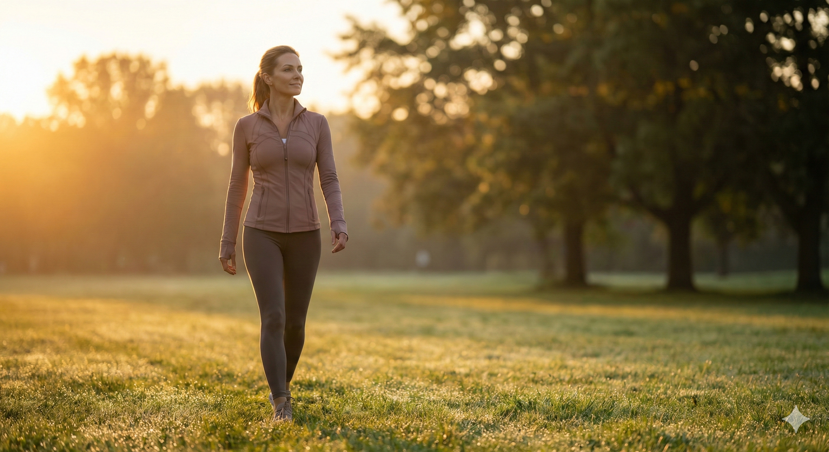 초록빛 가득한 공원을 걷고 있는 우아한 여성의 뒷모습