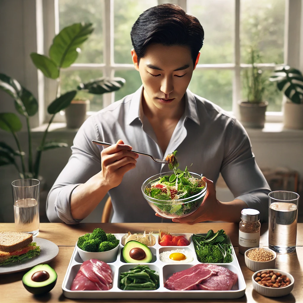 "한국 남성이 아보카도, 잎채소, 단백질로 구성된 균형 잡힌 식사를 하는 모습"