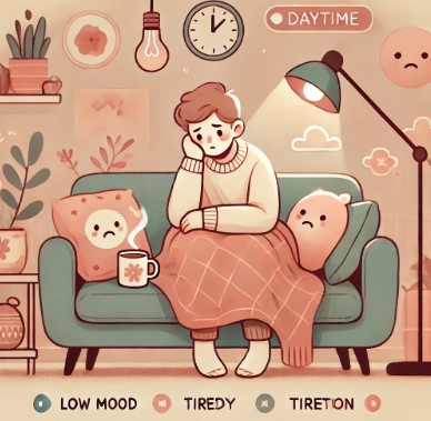 낮에도 무기력하게 소파에 앉아 있는 만성 피로 증후군 환자