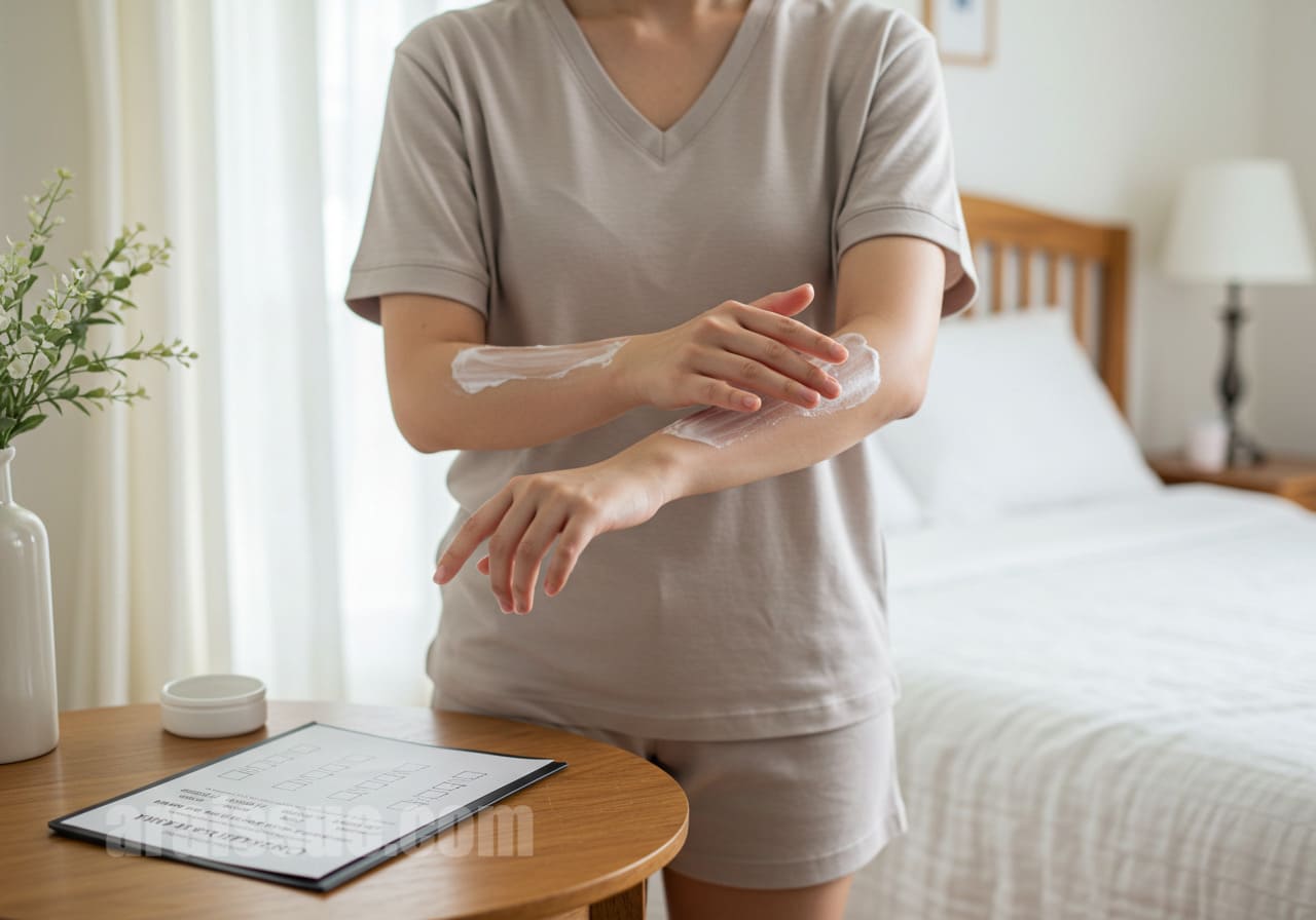 젊은 성인이 면소재 옷을 입고 거울 앞에서 보습제를 바르고 있으며, 테이블에는 하루 루틴 체크리스트가 놓여 있는 모습.